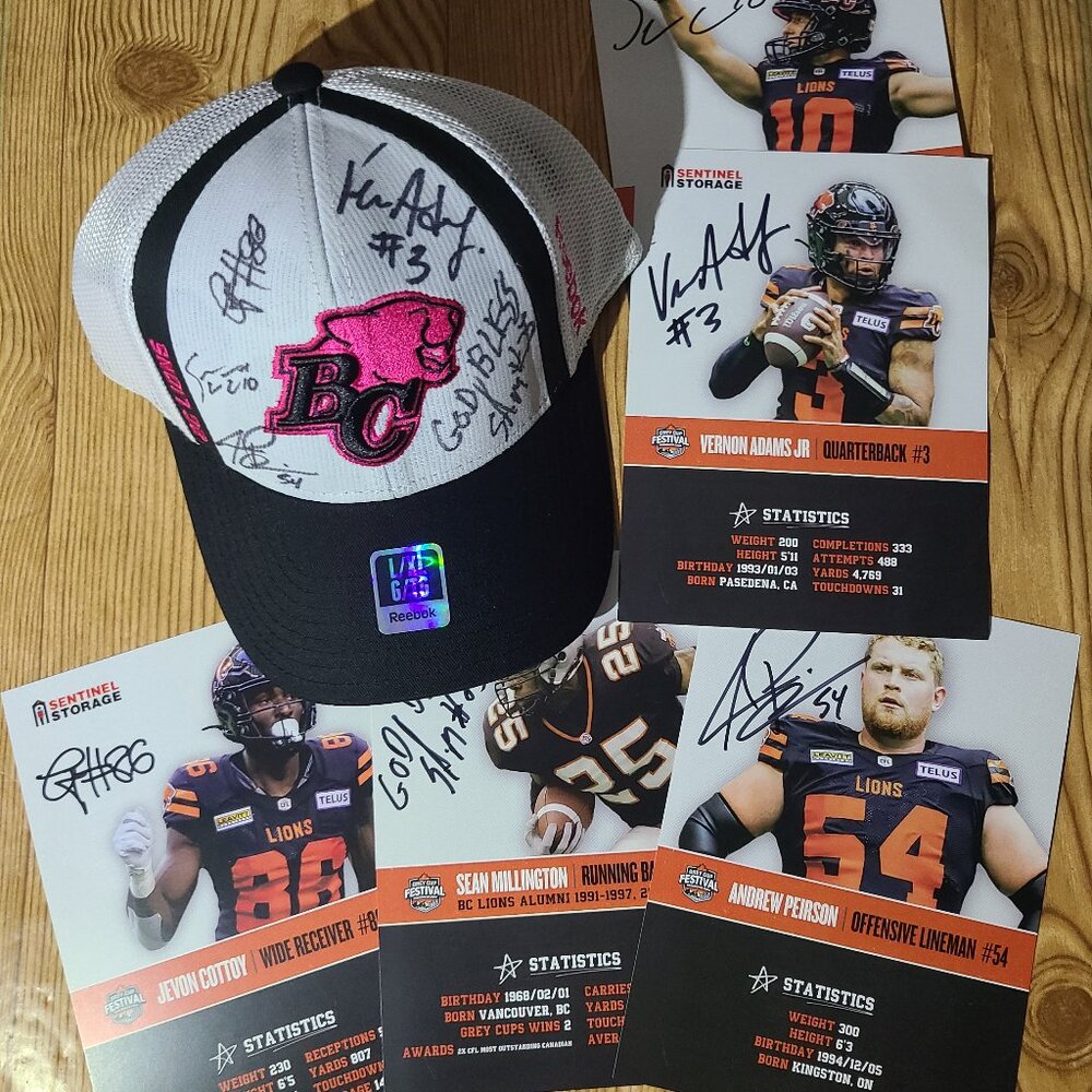 BC Lions Autographed Reebok Cancer awareness hat with auto cards (NEW)